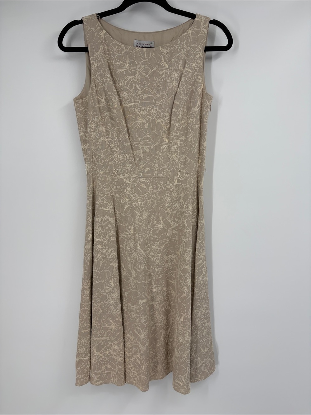Vintage Adrianna Papell Tan Floral Embroidered Midi Dress Size 6